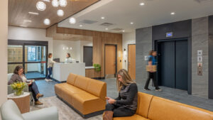 The lobby of Precourt Healing Center, by Davis Partnership Architects as part of their behavioral health center portfolio.