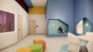 A rendering of common areas and safe spaces as designed for the UNM Hospitals Children's Psychiatric Center as designed by Davis Partnership and McClain + Yu.